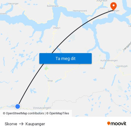 Skorve to Kaupanger map