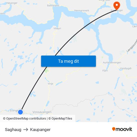 Saghaug to Kaupanger map
