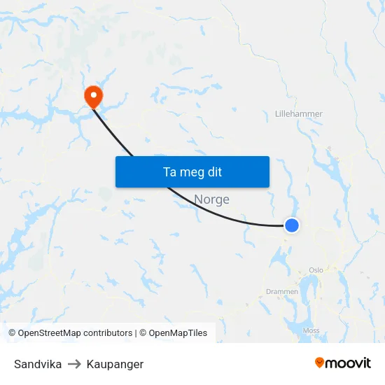 Sandvika to Kaupanger map