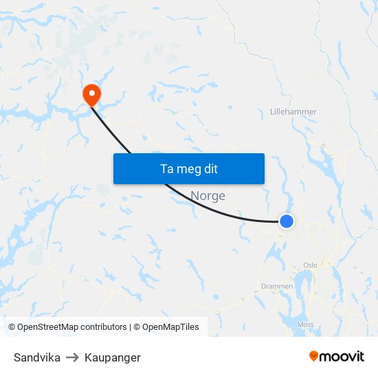 Sandvika to Kaupanger map