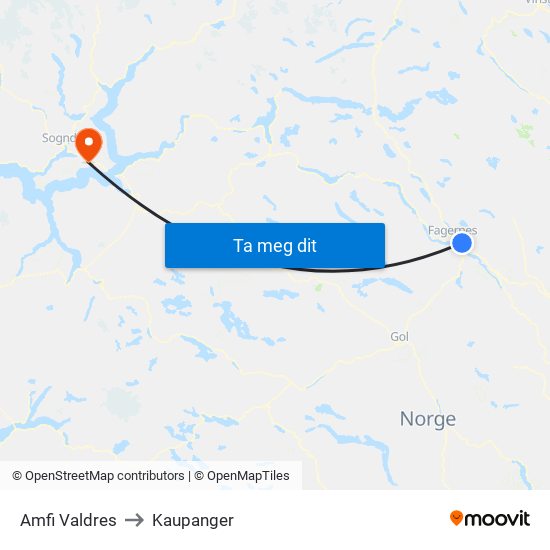 Amfi Valdres to Kaupanger map