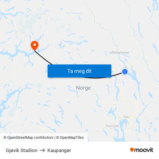 Gjøvik Stadion to Kaupanger map