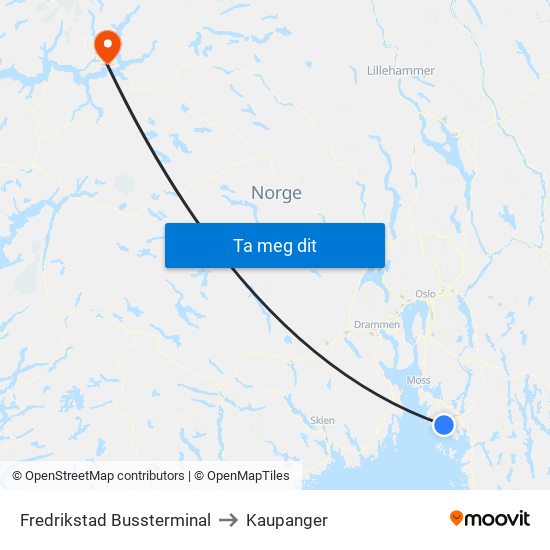 Fredrikstad Bussterminal to Kaupanger map