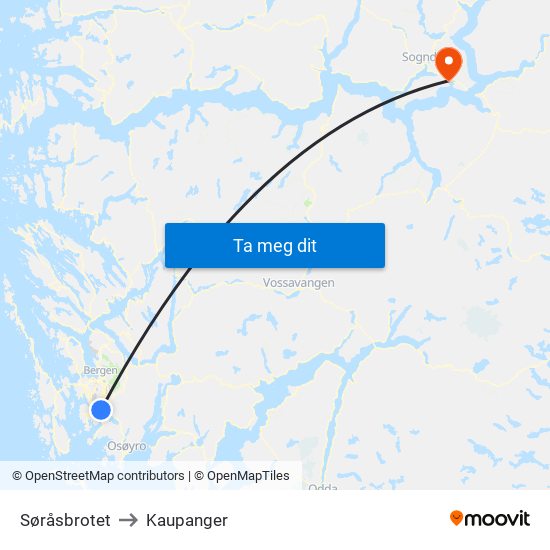 Søråsbrotet to Kaupanger map