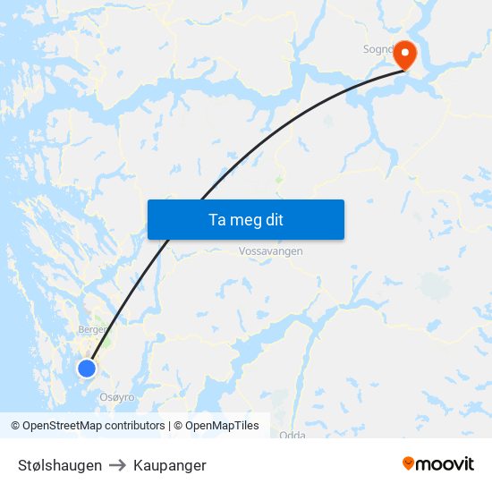 Stølshaugen to Kaupanger map