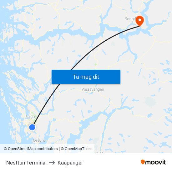 Nesttun Terminal to Kaupanger map