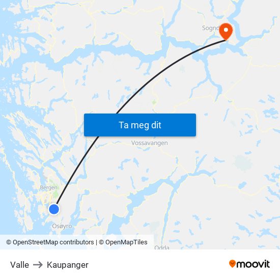 Valle to Kaupanger map