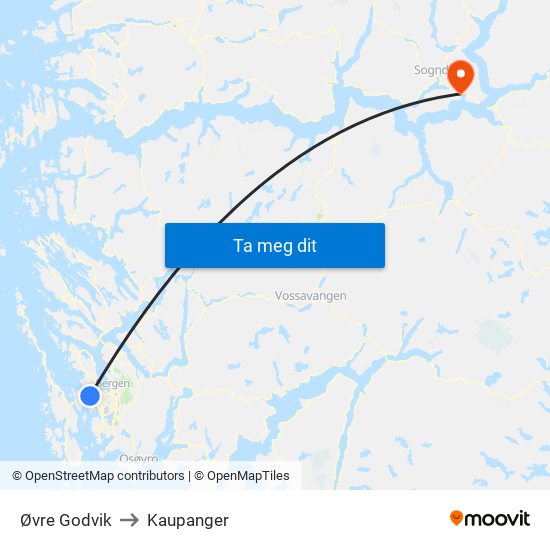 Øvre Godvik to Kaupanger map