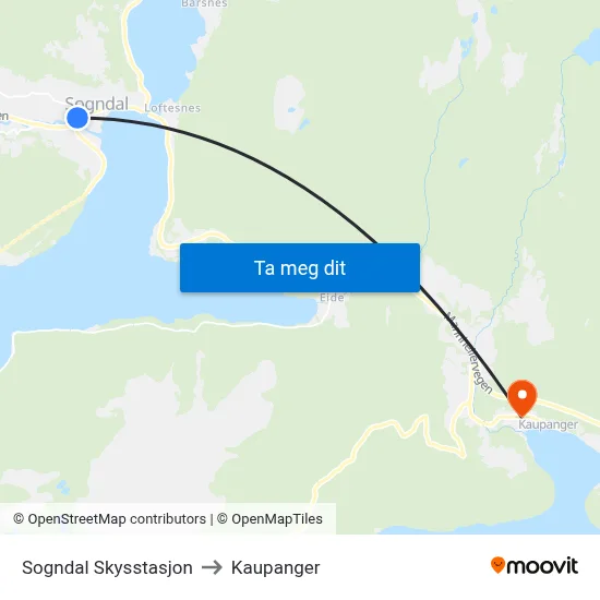 Sogndal Skysstasjon to Kaupanger map