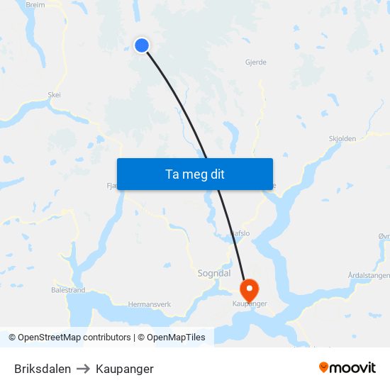 Briksdalen to Kaupanger map