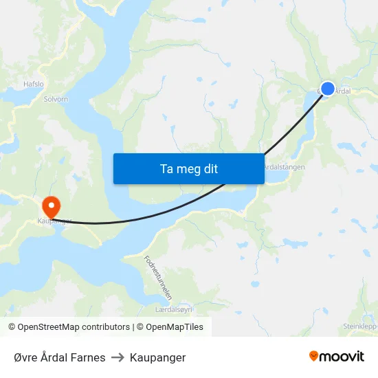 Øvre Årdal Farnes to Kaupanger map