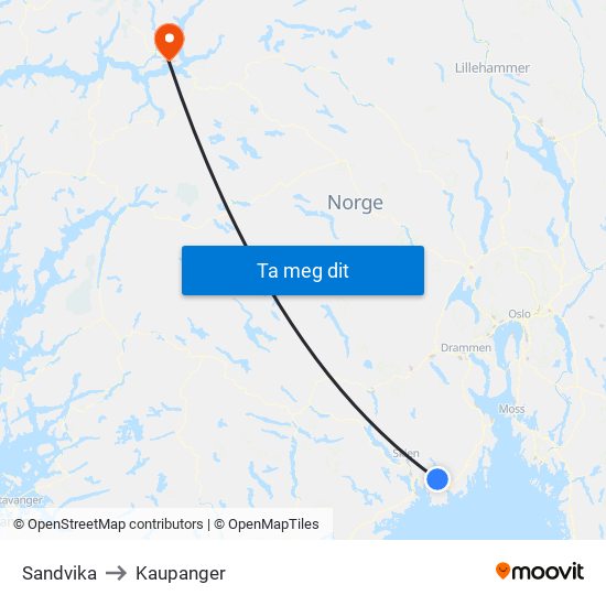 Sandvika to Kaupanger map