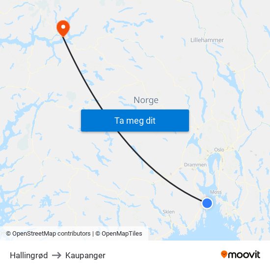 Hallingrød to Kaupanger map