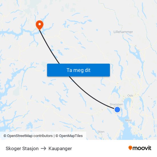 Skoger Stasjon to Kaupanger map