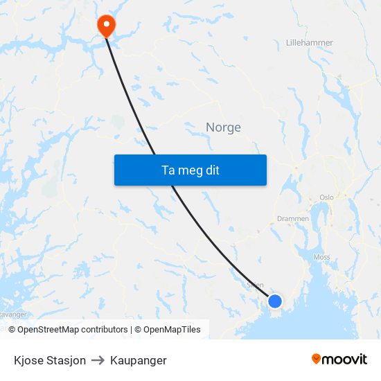 Kjose Stasjon to Kaupanger map