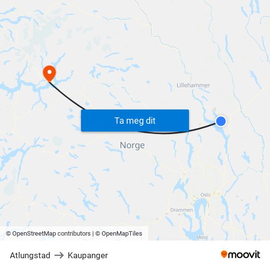 Atlungstad to Kaupanger map