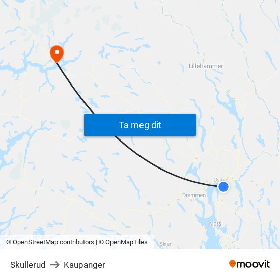 Skullerud to Kaupanger map