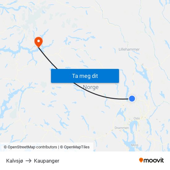 Kalvsjø to Kaupanger map