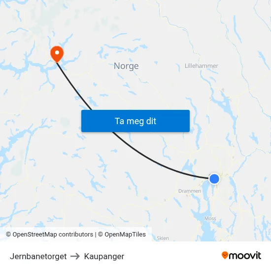 Jernbanetorget to Kaupanger map