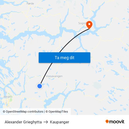 Alexander Grieghytta to Kaupanger map
