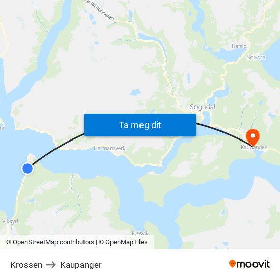 Krossen to Kaupanger map
