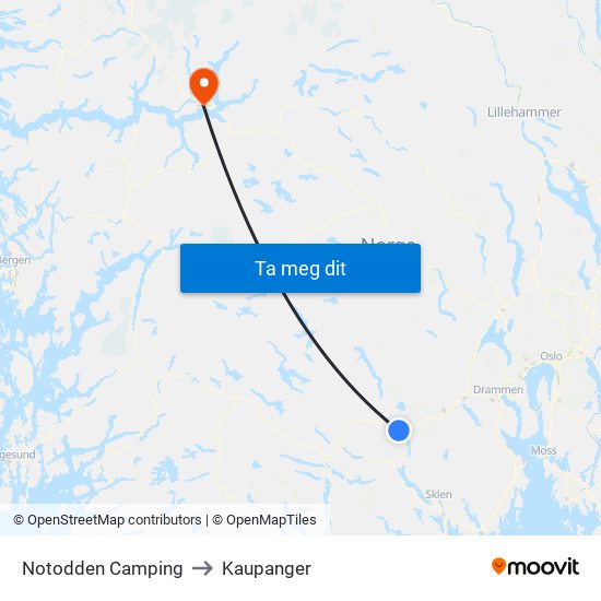 Notodden Camping to Kaupanger map