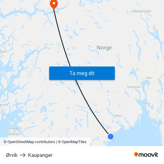 Ørvik to Kaupanger map