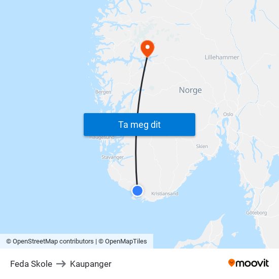 Feda Skole to Kaupanger map