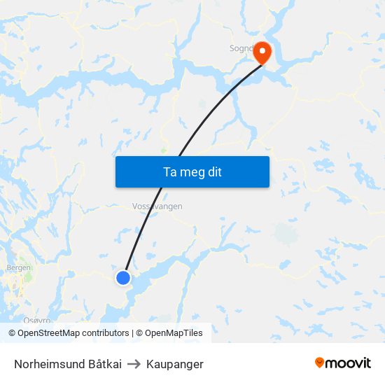 Norheimsund Båtkai to Kaupanger map