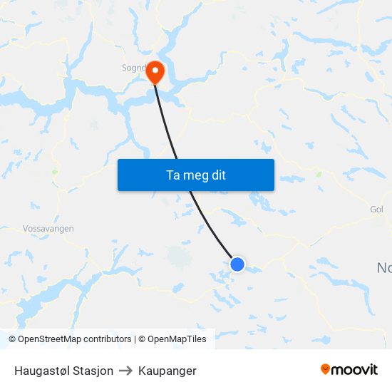 Haugastøl Stasjon to Kaupanger map
