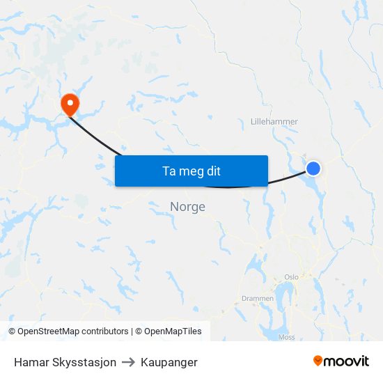 Hamar Skysstasjon to Kaupanger map