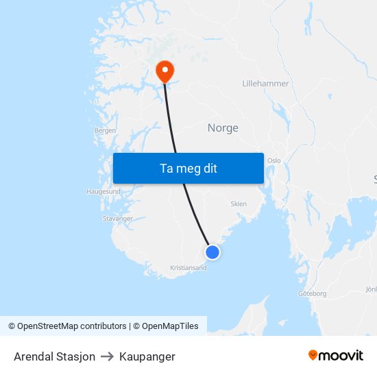 Arendal Stasjon to Kaupanger map