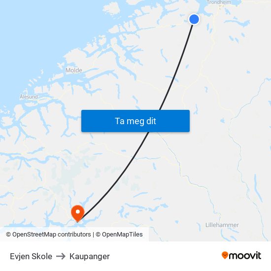 Evjen Skole to Kaupanger map