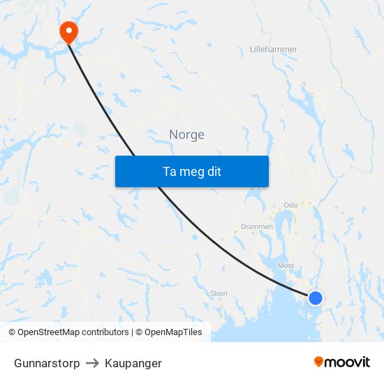 Gunnarstorp to Kaupanger map