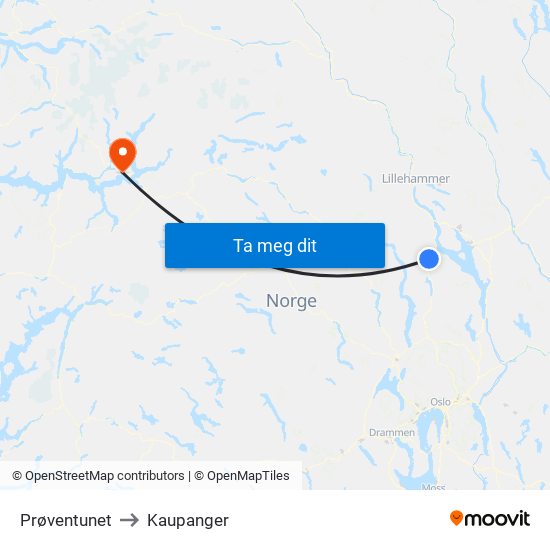 Prøventunet to Kaupanger map