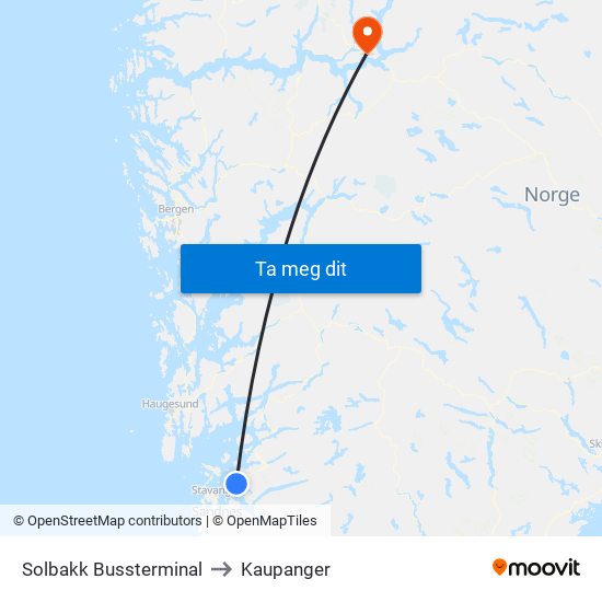 Solbakk Bussterminal to Kaupanger map