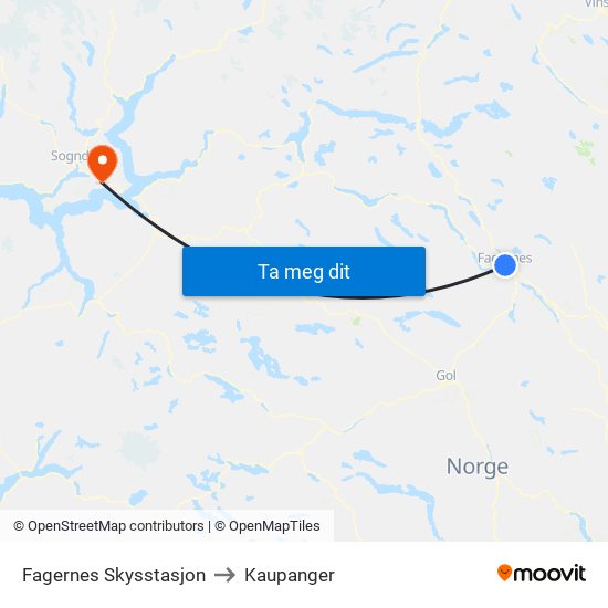 Fagernes Skysstasjon to Kaupanger map