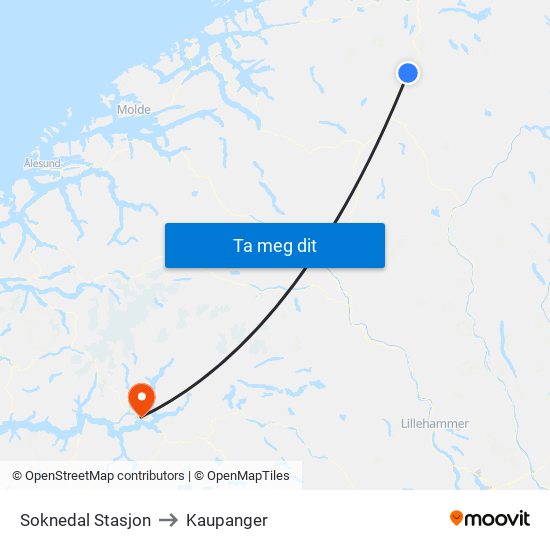 Soknedal Stasjon to Kaupanger map