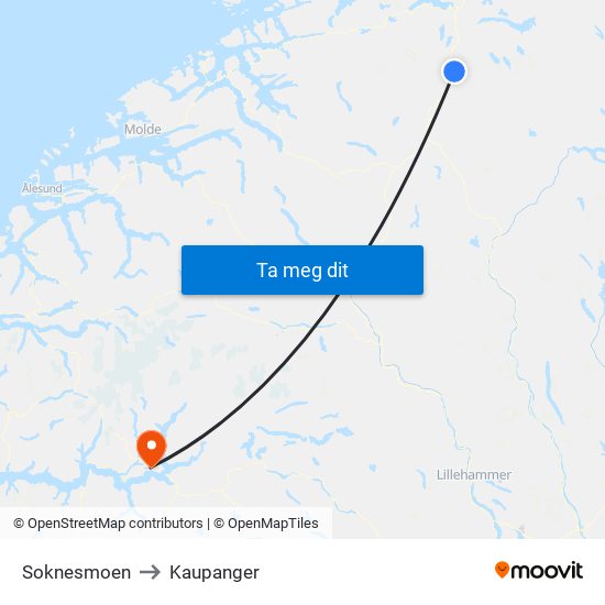 Soknesmoen to Kaupanger map