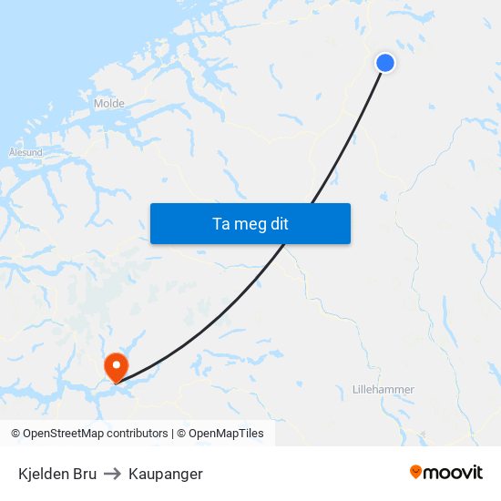 Kjelden Bru to Kaupanger map