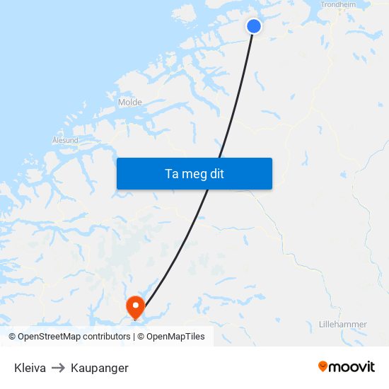 Kleiva to Kaupanger map