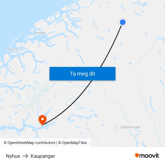 Nyhus to Kaupanger map