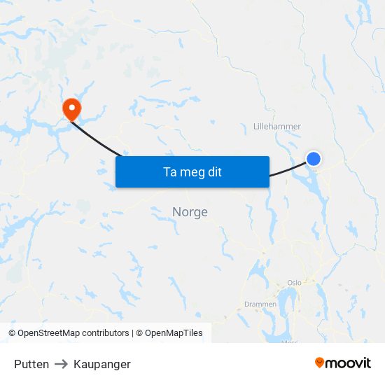 Putten to Kaupanger map