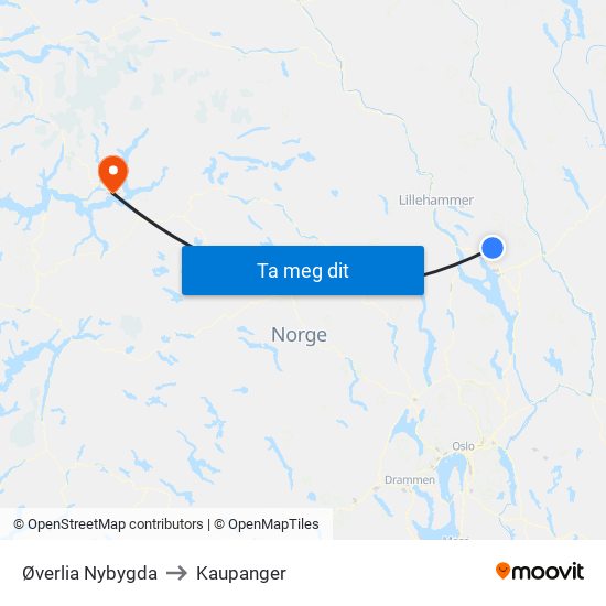 Øverlia Nybygda to Kaupanger map