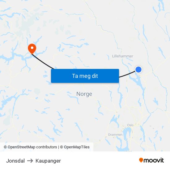 Jonsdal to Kaupanger map