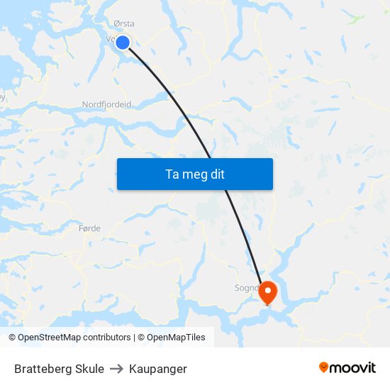 Bratteberg Skule to Kaupanger map