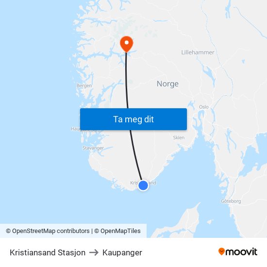 Kristiansand Stasjon to Kaupanger map