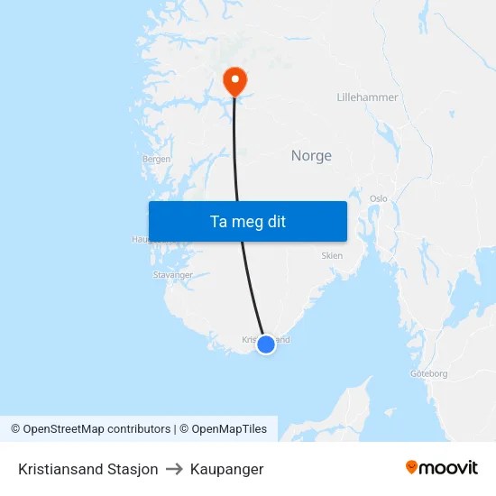 Kristiansand Stasjon to Kaupanger map