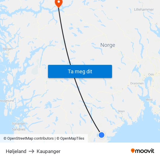 Høljeland to Kaupanger map
