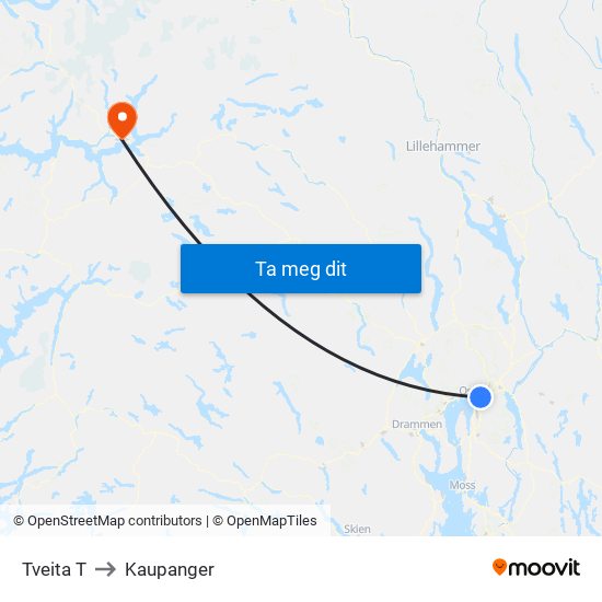 Tveita T to Kaupanger map